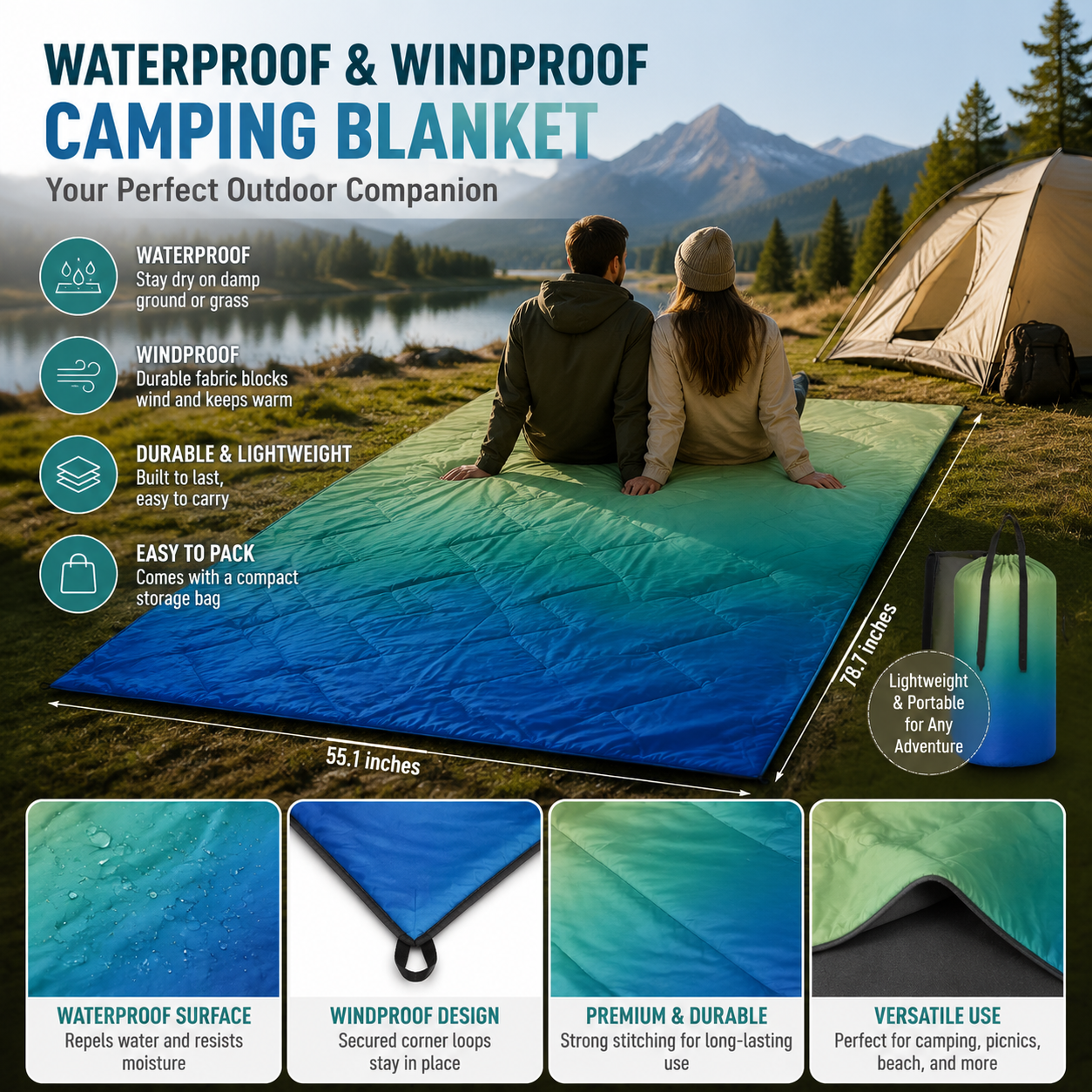 Quilted Water and Stain Resistant Fluffy Down Blanket for Camping, Hiking, Fishing